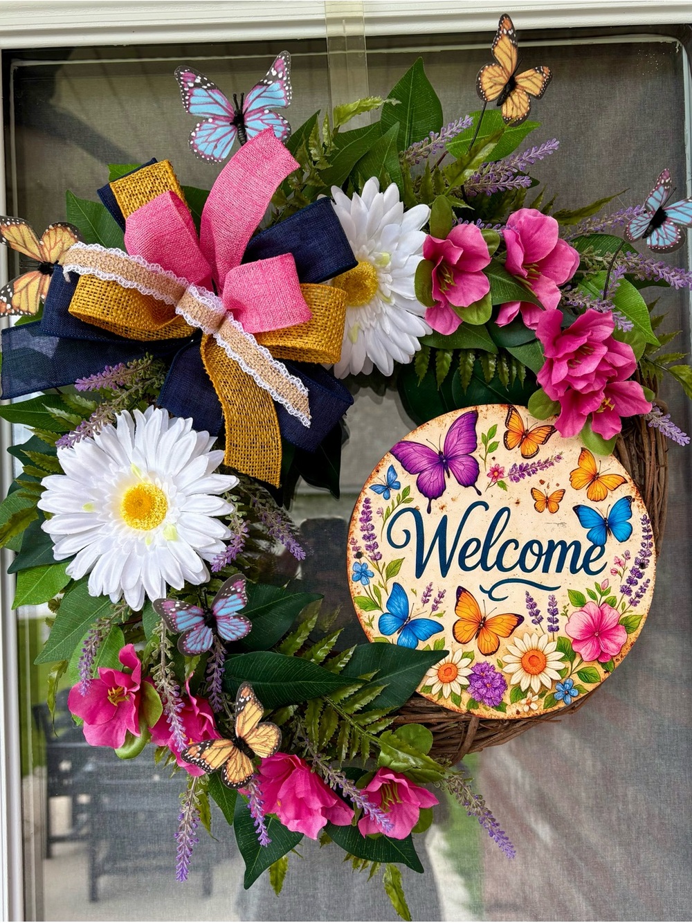 Welcome Butterfly & Floral Wreath with Bow - Pink, White, Yellow, Navy